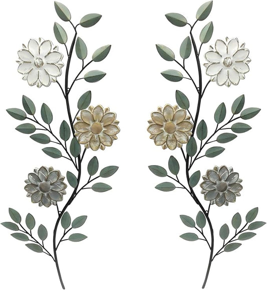 MorningRo 2 Pcs Metal Flower Leaves Wall Art Spring Wall Decor Living Room, 15.75 Inch Vintage Rustic Branch Leaf Wrought Iron Scroll Art Decor for Summer Bedroom Indoor Outdoor Decorations(Green)