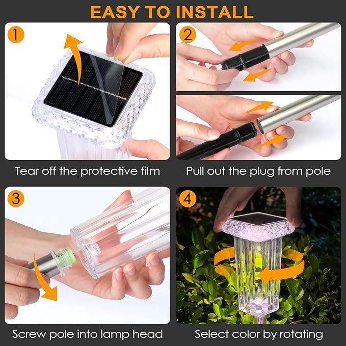 DenicMic Solar Pathway Lights Outdoor Waterproof 4 Pack 10 Lighting Mode | 3000K/4000K/6000K Fix Color Changing LED Acrylic Stainless Steel Crystal Style Star Pattern Yard Garden Landscape Path Lights