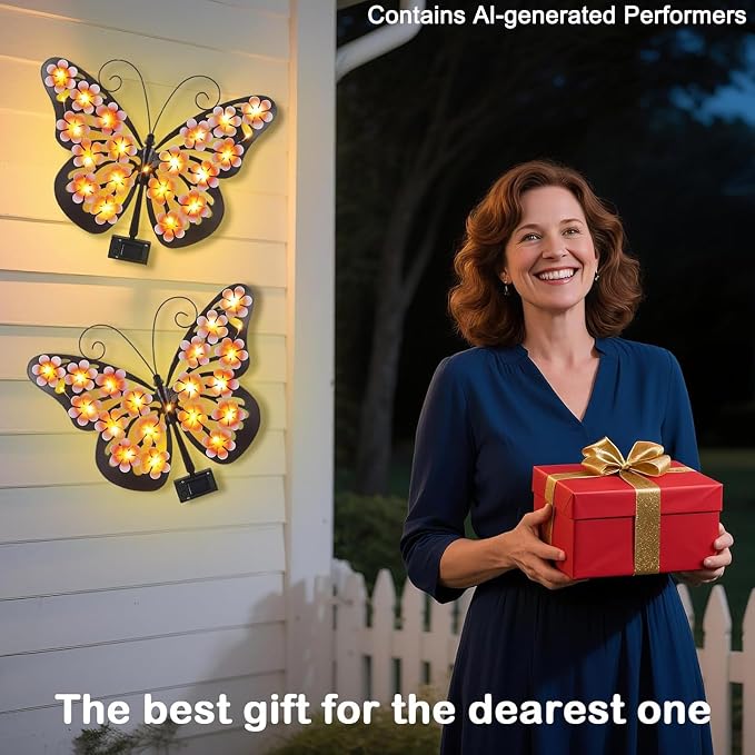 Solar Lights Outdoor Metal Butterfly Wall Decor with 30 Led - 13.5" Outdoor Fence Wall Art,Hanging Decoration for Garden Patio Porch Yard,Gifts for Women,Birthday Gifts for Mom Grandma