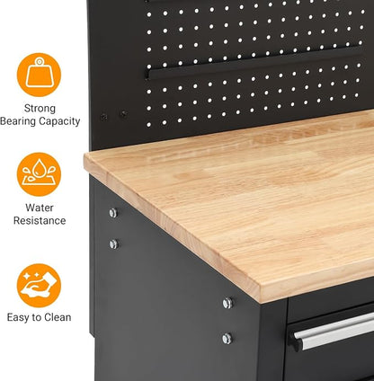 61" Rolling Tool Chest Workbench with 10-Drawers & Solid Rubber Wood Top, Mobile Heavy Duty Tool Storage Cabinet with Lock, Casters, Drawer Liner & 1675 LBS Load Capacity, Includes Power Strip