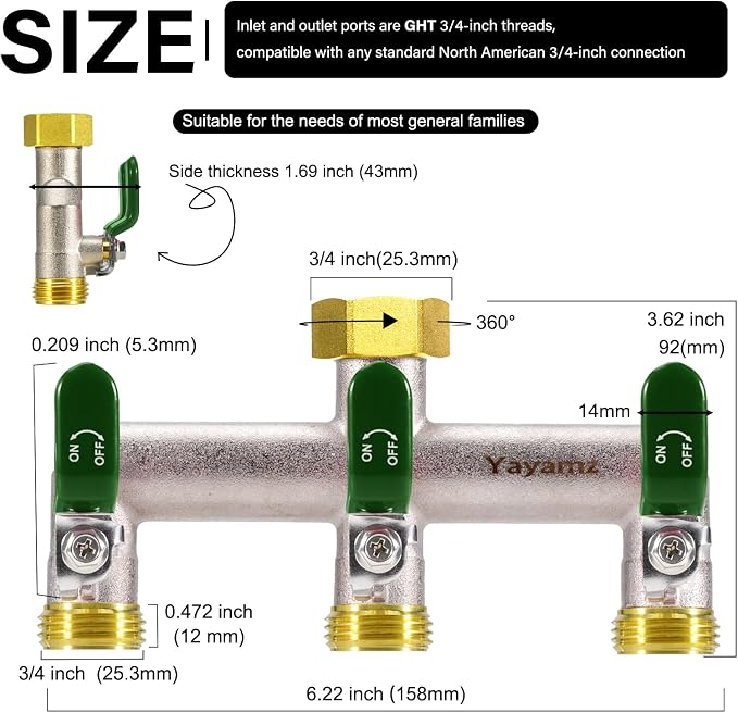 3 Way Garden Hose Splitter, Heavy Duty Brass Nickel Plated Rust Resistant Faucet Manifold, 3/4" Frost Resistant Outdoor Hose Adapter Connector，Hose Spigot Adapter with 3 Large Green Handles