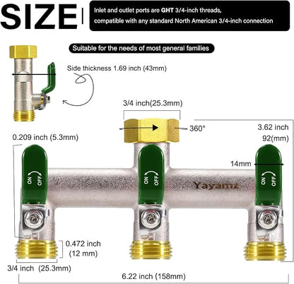 3 Way Garden Hose Splitter, Heavy Duty Brass Nickel Plated Rust Resistant Faucet Manifold, 3/4" Frost Resistant Outdoor Hose Adapter Connector，Hose Spigot Adapter with 3 Large Green Handles