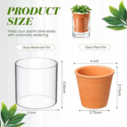 Baderke 2 Pcs 4 Inch Self Watering Pot for Indoor Plants Clear Glass Planter Small Plant Pot with Saucer Reservoir Drainage Holes Bottom Watering for African Violet Orchid Flowers (Terracotta Style)
