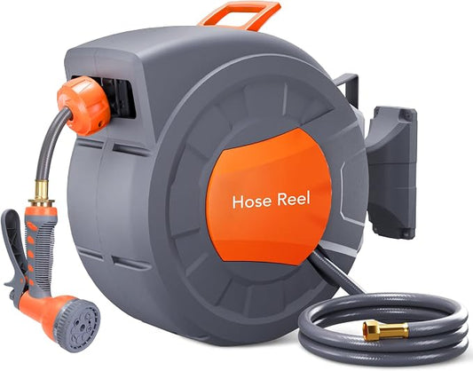 IDEALHOUSE Garden Hose Reel, 1/2 in x 100 ft Wall Mounted Retractable Water Hose Reel with 9 Function Sprayer Nozzle, Any Length Lock, 180° Swivel Bracket, Automatic Rewind and Slow Return System