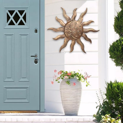 VCUTEKA 27" Sun Metal Wall Art Outdoor Decor Moon Wall Decoration Metal Wall Sculpture Hanging Garden Wall Art Wall Sculpture for Indoor Outdoor Patio Fence Decor Gold