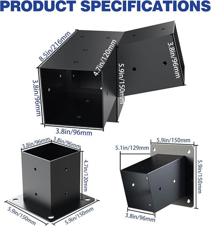 Pergola Kit, 15° 3-Way Slanted Roof Pergola Bracket Set, Powder-Coated Roof Wall Mount Pergola Brackets 4"x 4"(Actual: 3.5x3.5 Inch), Pergola Hardware for Porch Gazebo Backyard (6 pcs), Black