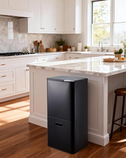 GarveeHome 16 Gallon Dual Trash Can for Kitchen, 2 Compartment Stainless Steel Garbage Can, 33L+28L Kitchen Recycling Bin with Compost Caddy, Removable Inner Bucket & Odor Control, Black