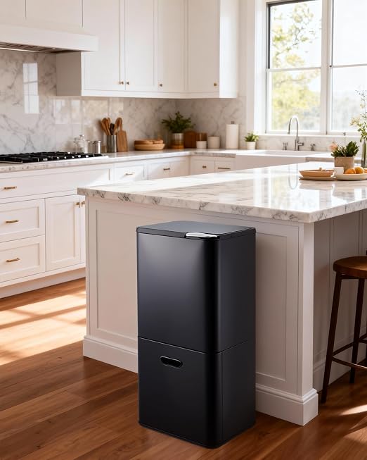 GarveeHome 16 Gallon Dual Trash Can for Kitchen, 2 Compartment Stainless Steel Garbage Can, 33L+28L Kitchen Recycling Bin with Compost Caddy, Removable Inner Bucket & Odor Control, Black