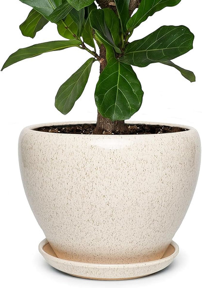 11 Inch Ceramic Plant Pot with Drainage Hole Mesh Net, Large Gardening Pots for Indoor Plants with Saucer, Silk White