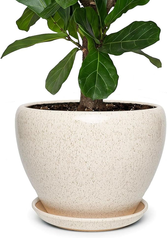11 Inch Ceramic Plant Pot with Drainage Hole Mesh Net, Large Gardening Pots for Indoor Plants with Saucer, Silk White