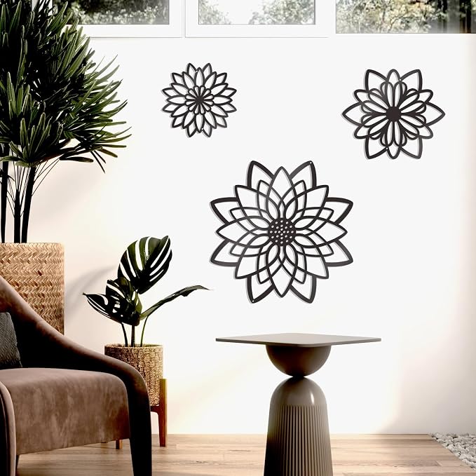 Zzbakress 3 Pcs Metal Flowers Wall Decor Black Wall Decor Metal Flower Art Farmhouse Wall Art Multiple Flowers Hanging Decor for Bathroom Living Room Kitchen Garden Office (Black Concise)