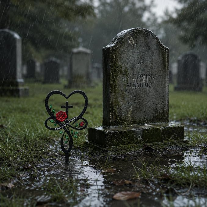 Cemetery Decorations for Grave, Forever in Our Hearts Metal Grave Marker for Outdoor Garden Yard Sympathy Decor, Flower Heart Cross Memorial Plaque Stake for Remembrance Son Mom Dad