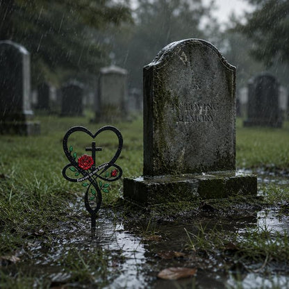 Cemetery Decorations for Grave, Forever in Our Hearts Metal Grave Marker for Outdoor Garden Yard Sympathy Decor, Flower Heart Cross Memorial Plaque Stake for Remembrance Son Mom Dad