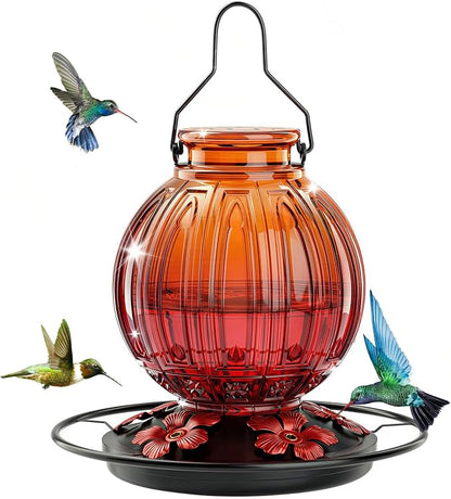 Glass Hummingbird Feeder for Outdoors Hanging, 26Oz Bird Nectar Feeder with Perch & 5 Flower Feeding Ports, Leak Proof for Outside Garden Decor Backyard, Gifts for Women Mom, Orange & Red