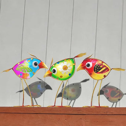 Garden Decor for Outside Set of 3, Colorful Metal & Glass Bird Decor for Outdoor, Indoor, Patio, Porch, Backyard, Balcony, Lawn, Yard Decorations, Patriotic Whimsy Birthday Gift for Gardener