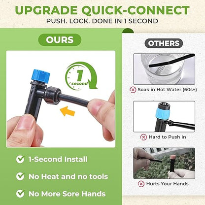 HIRALIY 50FT Drip Irrigation System Kit, Quick-Connect Garden Watering System with 10FT Main Hose and 40FT 1/4" Tubing, Adjustable Drippers for Patio Pots, Container Gardens & Small Raised Beds