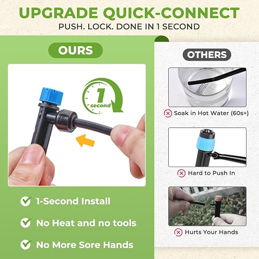 HIRALIY 200FT Drip Irrigation System Kit, Quick-Connect Garden Watering System with 33FT Main Hose and 167FT 1/4" Tubing, Adjustable Drippers for Raised Beds, Greenhouse, Patio & Lawn