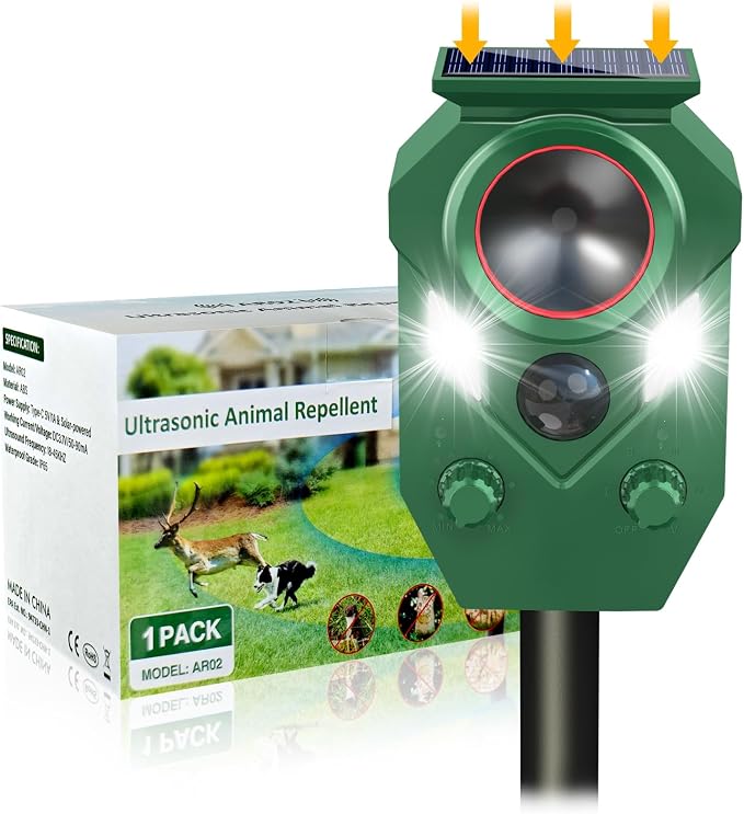 Solar Animal Repellent,Ultrasonic Cat Repellent Outdoor with Motion Sensor,Waterproof Rabbit Repeller with Flashing Light Defender Dog, Mouse,Squirrel,Raccoon,Skunk,Deer for Yard Farm Garden-1 Pack