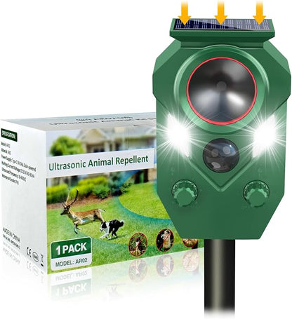 Solar Animal Repellent,Ultrasonic Cat Repellent Outdoor with Motion Sensor,Waterproof Rabbit Repeller with Flashing Light Defender Dog, Mouse,Squirrel,Raccoon,Skunk,Deer for Yard Farm Garden-1 Pack