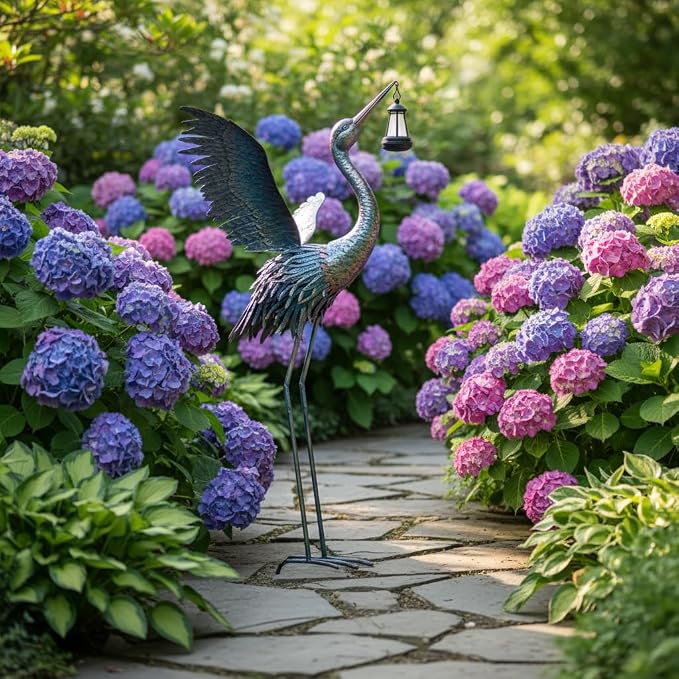 Crane Garden Statues with Solar Ligh for Outside, 43" Metal Heron Yard Art & Garden Sculptures - Large Outdoor Decor for Patio, Backyard, Pond, Lawn Ornaments