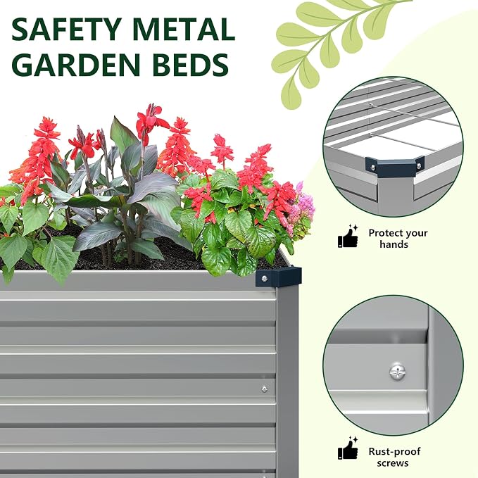 Vengarus 2PCS 8x2x1ft Galvanized Raised Garden Beds Kit,Planter Box Silver | Galvanized Steel, Rectangular Metal Planter Raised Beds, Vegetables, Herbs, Flowers, Easy Assembly, Rustproof Safe Backyard