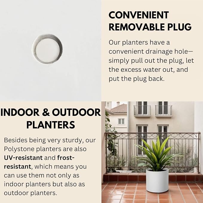 Fox & Fern Large Indoor Planter, Modern Large Plant Pot for Indoor or Outdoor, UV and Frost Resistant - 10 Inch, Matte White Flower Pot with Drainage Plug