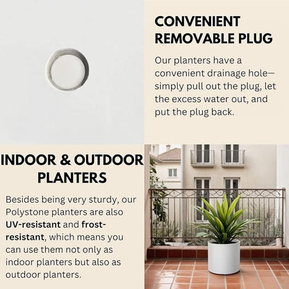 Fox & Fern Large Indoor Planter, Modern Large Plant Pot for Indoor or Outdoor, UV and Frost Resistant - 10 Inch, Matte White Flower Pot with Drainage Plug