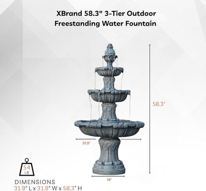 XBrand 58.3" 3-Tier Outdoor Freestanding Water Fountain - Classic Leaf Design, Light Gray Resin, Large Bird Bath with Pump - Ideal for Yard, Lawn and Garden, Porch Décor