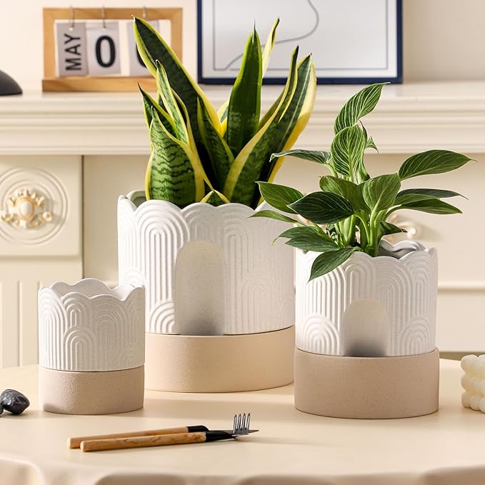 Nihow Ceramic Self Watering Pots for Indoor Plants, 4.5+6 Inch,Beige Set 2 | Visible Water Level Fill Port,Planter with Cotton Wick,Water Storage Plus, Cylinder Round Flower Pot, Succulent/Herbs/Violets