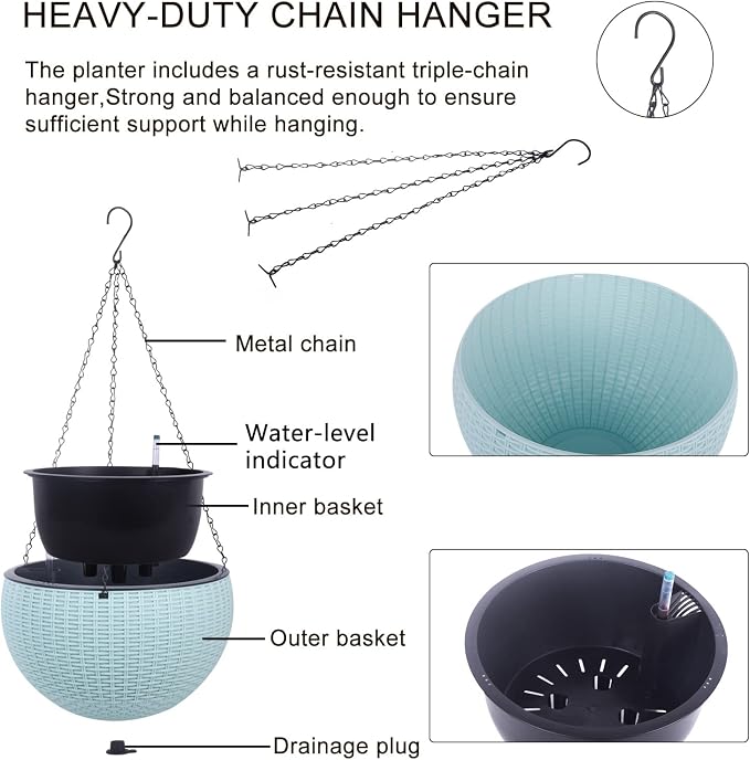 Vencer 11 Inch Round Resin Rattan Hanging Planters,Light Blue,VF-A15-B | Self Watering,Drain Hole,Metal Chain,Water Indicator,Indoor Outdoor