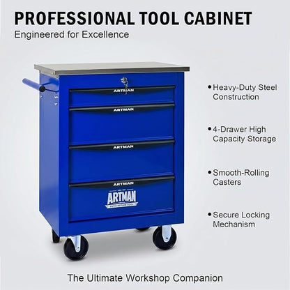 4-Drawer Rolling Tool Chest, Lockable Stainless Worktop for Garage, Blue | Heavy Duty Metal Tool Cabinet with Drawers on Wheels for Warehouse and Workshop Storage