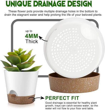 YNNICO Indoor Outdoor Plant Pots- Self Watering Planters with Drainage Holes and Saucers, 9,8, 7.5 Inches, 3 Pots (Snow)