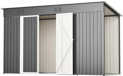 YOPTO 10x4 FT Outdoor Storage Shed, Metal Sheds with Floor Base & Open Firewood Storage,Steel Garden Shed with Lockable Doors,Sloped Roof,Windows, 2 in 1 Large Tool Shed for Patio, Backyard, Lawn.Gray
