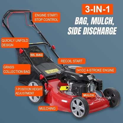 Lawn Mower Gas Powered, Gas Mower with 50l Grass Bag Big Wheels, 141cc 3-in-1 Cordless Gas Engine Mowers with 20" Blade, Self Propelled Walk-Behind Push Mower for Hills 2850RPM (Upgraded 01)