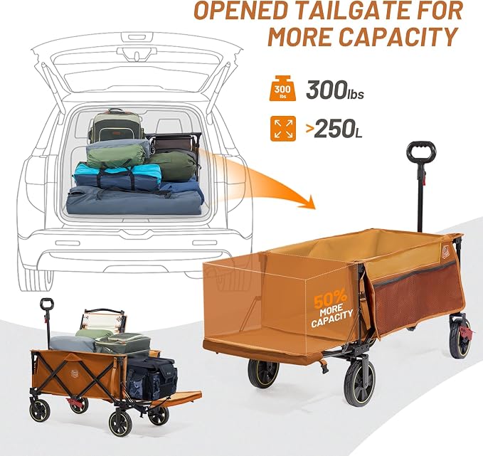 Timber Ridge 49" Extra Long Collapsible Folding Wagon with Tailgate and Brakes, 250L Capacity All-Terrain Wagon Carts Foldable, 300lbs Portable Cart for Dog, Garden, Outdoor Camping Sports, Orange