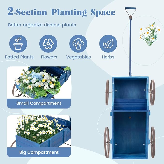 DORTALA Wood Wagon Planter, Outdoor Garden Flower Planter Cart with Wheels, Small Decorative Wood Raised Bed Plant Pot Box Stand for Backyard, Patio, Balcony, Blue