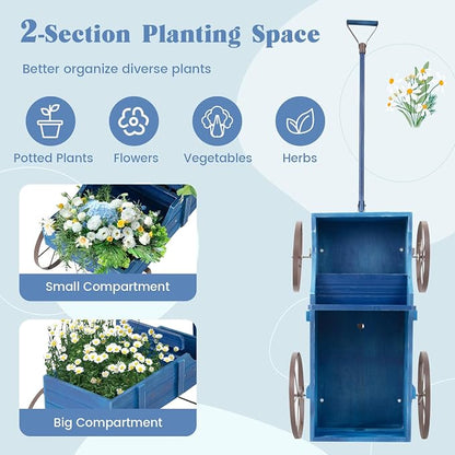 DORTALA Wood Wagon Planter, Outdoor Garden Flower Planter Cart with Wheels, Small Decorative Wood Raised Bed Plant Pot Box Stand for Backyard, Patio, Balcony, Blue