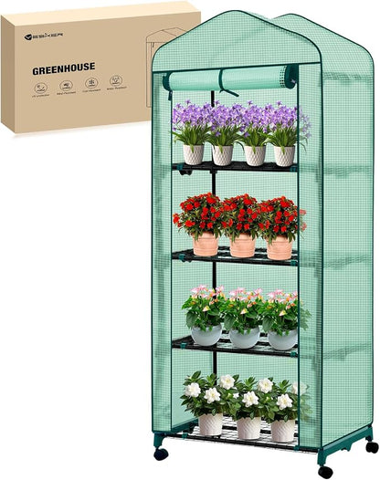 Yesker Mini Greenhouse 27"x20"x63" Portable Indoor / Outdoor Small Green House with 4 Tier 4 Shelves Wheels Thicken PE Cover Compact Greenhouses Kit for Winter Gardening Balcony Patio Backyard, Green