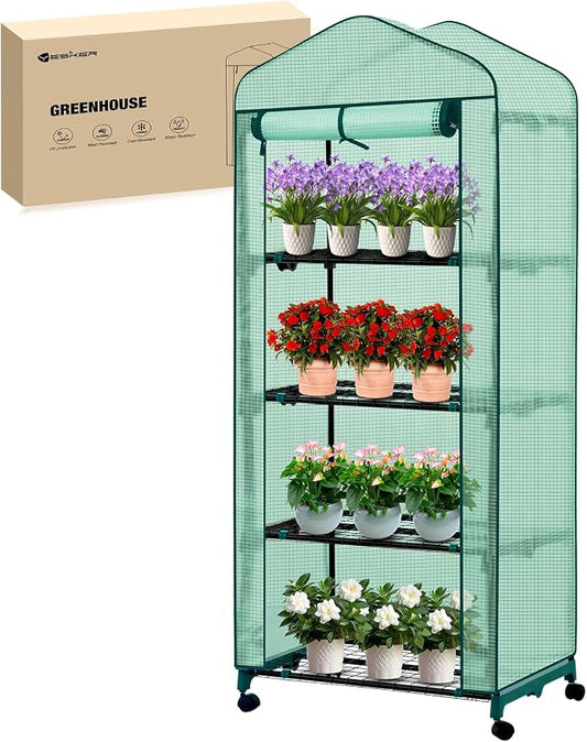 Yesker Mini Greenhouse 27"x20"x63" Portable Indoor / Outdoor Small Green House with 4 Tier 4 Shelves Wheels Thicken PE Cover Compact Greenhouses Kit for Winter Gardening Balcony Patio Backyard, Green
