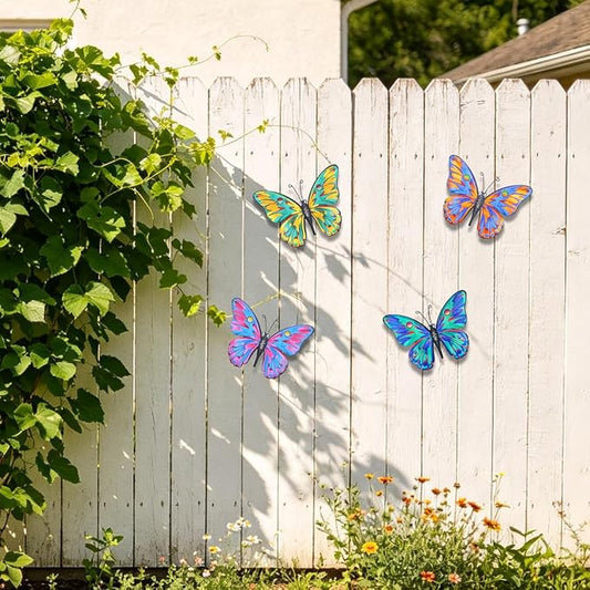 Daogtc Metal Butterfly Wall Decor - 9.6" Outdoor Fence Wall Art Decor, Hanging Decoration for Garden Yard Living Room Bedroom Patio Balcony(4 Pack) (Butterfly-G)