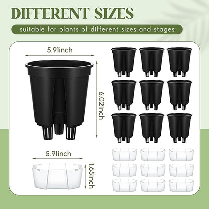Wonderjune Self Watering Pots for Indoor Plants with Deep Reservoir and High Drainage Holes for Outdoor Plants and Flowers, Bare Root Planter(5.91'',Black,9 Pcs)