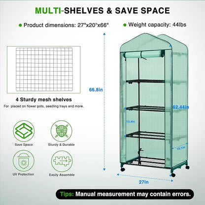 Yesker Mini Greenhouse 27"x20"x63" Portable Indoor / Outdoor Small Green House with 4 Tier 4 Shelves Wheels Thicken PE Cover Compact Greenhouses Kit for Winter Gardening Balcony Patio Backyard, Green