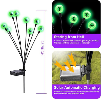 ASMAD Halloween Decorations Outdoor Solar Scary-Eyeball Lights, 4Pack 32LEDs Green Eyeball Swaying Firefly-Lights, Waterproof Solar-Path-Lights for Garden/Yard/Patio/Party Decor