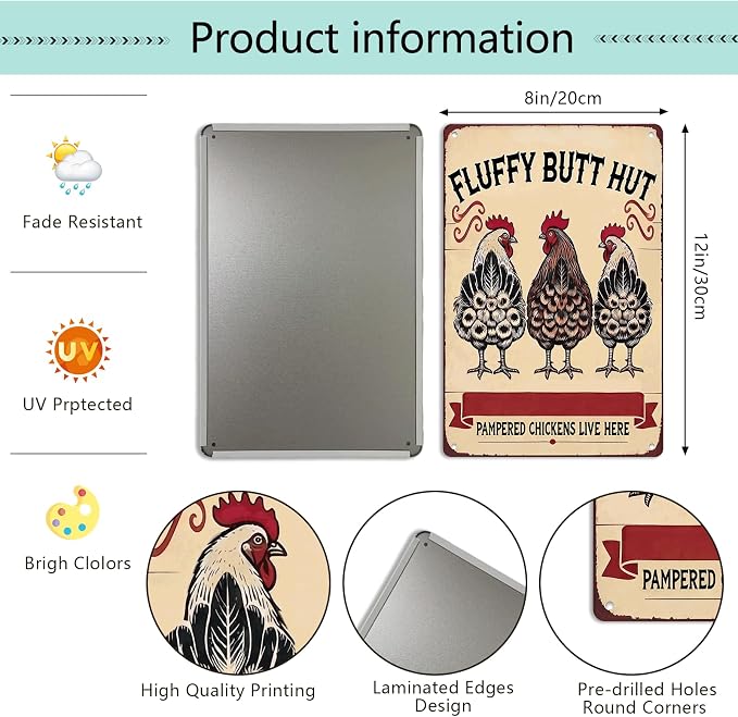 Vintage Chicken Signs Fluffy Butt Hut Pampered Chickens Live Here, whimsical chicken decor Decor for Chicken Coop Farm Kitchen Garden Yard Wall Art 8x12 Inch