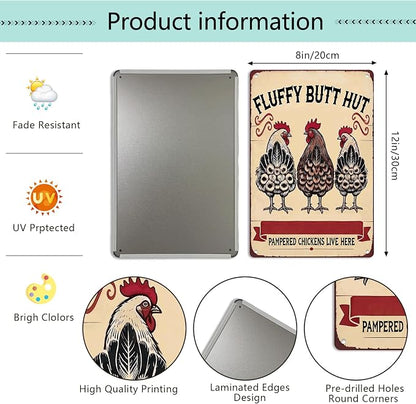 Vintage Chicken Signs Fluffy Butt Hut Pampered Chickens Live Here, whimsical chicken decor Decor for Chicken Coop Farm Kitchen Garden Yard Wall Art 8x12 Inch