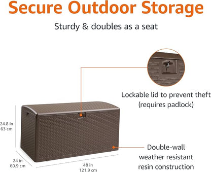 Amazon Basics Outdoor Storage Deck Box, Lockable, Weather-Resistant, 99 Gallon, Brown, for Patio Cushions, Gardening Tools, Pool Accessories