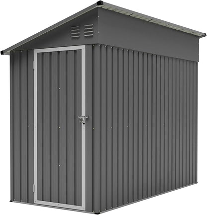 YOPTO 4×8 FT Lean to Metal Shed,Outdoor Heavy-Duty Storage Shed with Floor Base,All Weather Waterproof Garden Tool House W/Lockable Door&2 Air Vents,Reversible Door Design,for Backyard,Patio,Lawn,Gray
