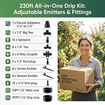 Drip Irrigation System Kit, 230FT Garden Watering System with 33FT 1/2" Main Line and 197FT 1/4" Drip Line, Adjustable Emitters and Quick-Connect Fittings for Raised Beds, Lawn, Greenhouse
