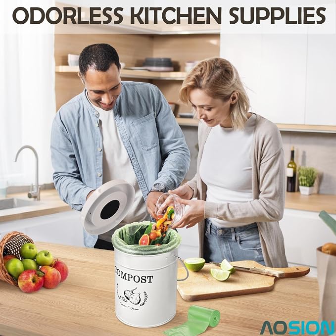 AOSION 1 Gallon Countertop Compost Bin for Kitchen with Lid,Odor Resistant | Farmhouse compost bin with charcoal filter,inner bucket and bags,easy kitchen food waste storage