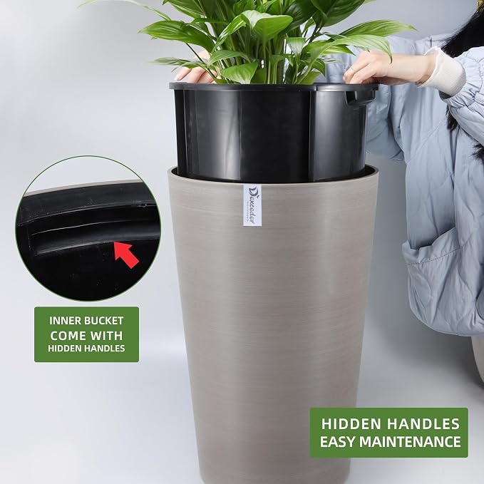 Dexceder 16x12 Self Watering Tall Planter (Coffee, Wire Drawing) | High Cylinder, Thickened Large Floor Standing Flower Plant Pot with Water Level Indicator Indoor Outdoor